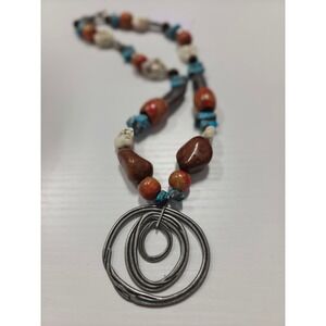 Boho Beaded Necklace with Agate Turquoise and Silver Tone Pendant
